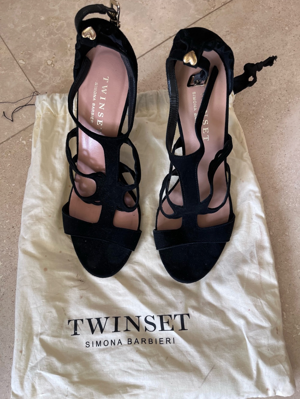 Twin-Set Black Suede Strappy Heels with Heart Accent
